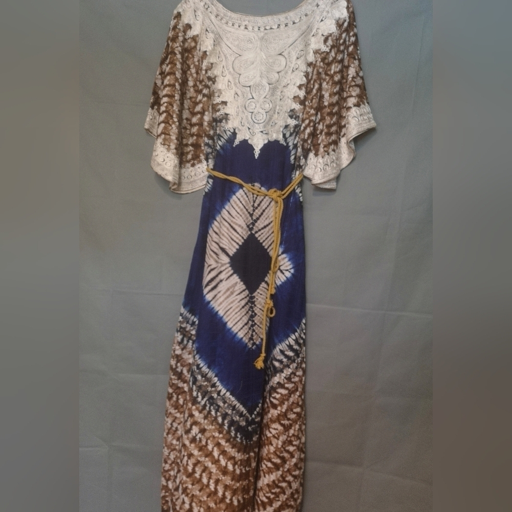 Vintage 70s Afro-Centric Heirloom Robe Wax Print Embroidered Maxi Length Caftan